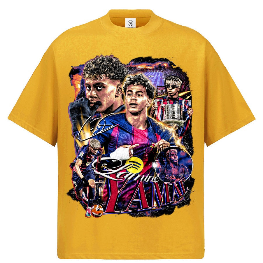 2026 New Yamal Soccer T-Shirt: INS High-Street Print, Heavyweight 300g All-Cotton, Dropped-Shoulder, Loose-Fit Top