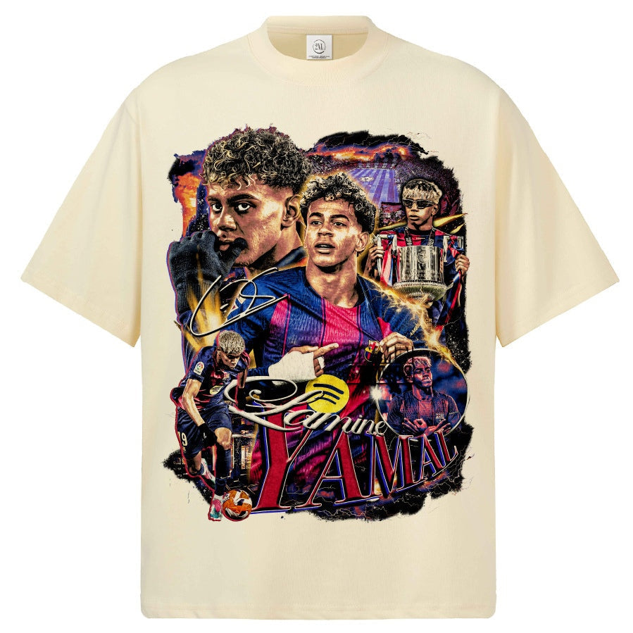 2026 New Yamal Soccer T-Shirt: INS High-Street Print, Heavyweight 300g All-Cotton, Dropped-Shoulder, Loose-Fit Top