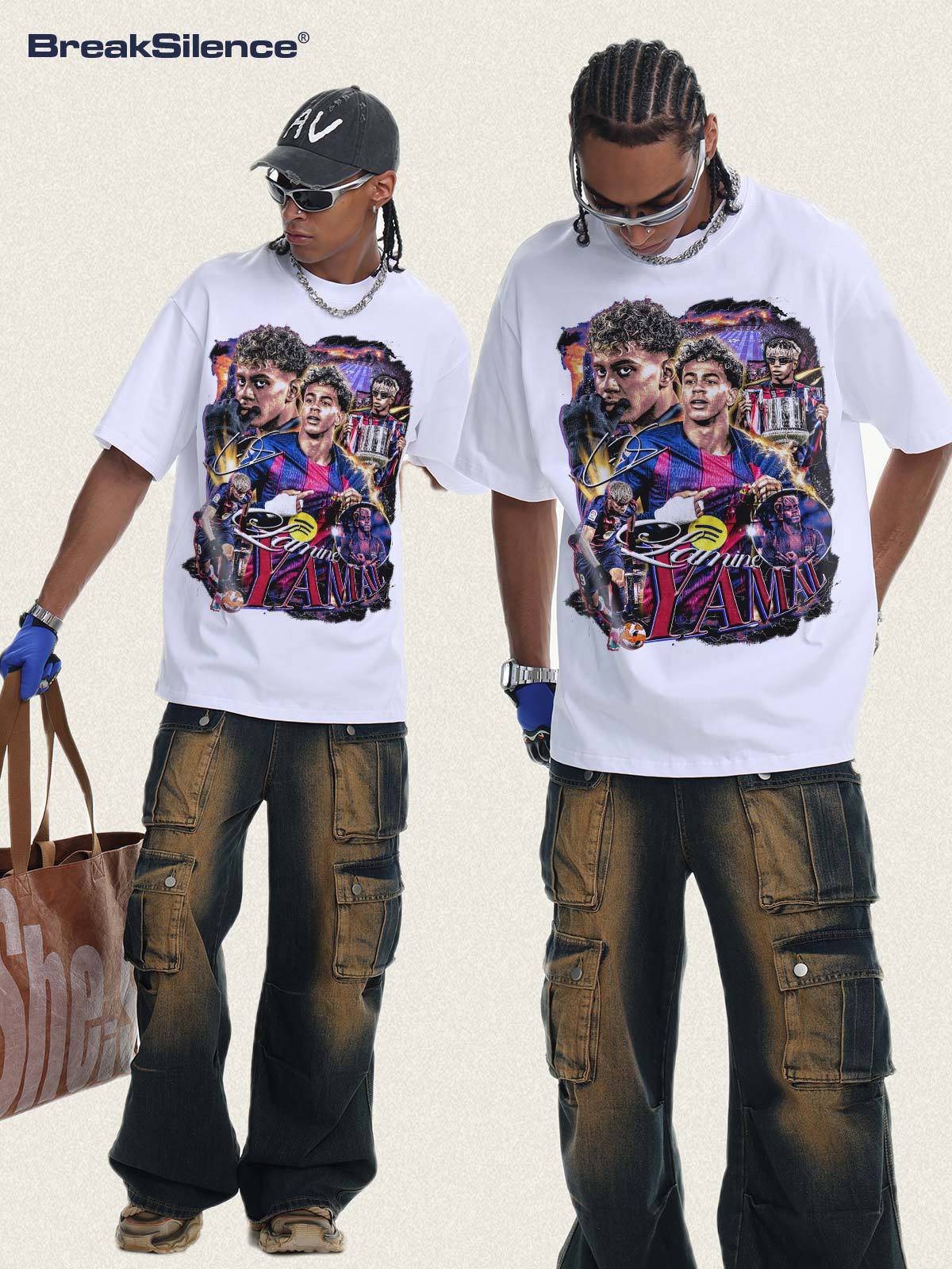 2026 New Yamal Soccer T-Shirt: INS High-Street Print, Heavyweight 300g All-Cotton, Dropped-Shoulder, Loose-Fit Top