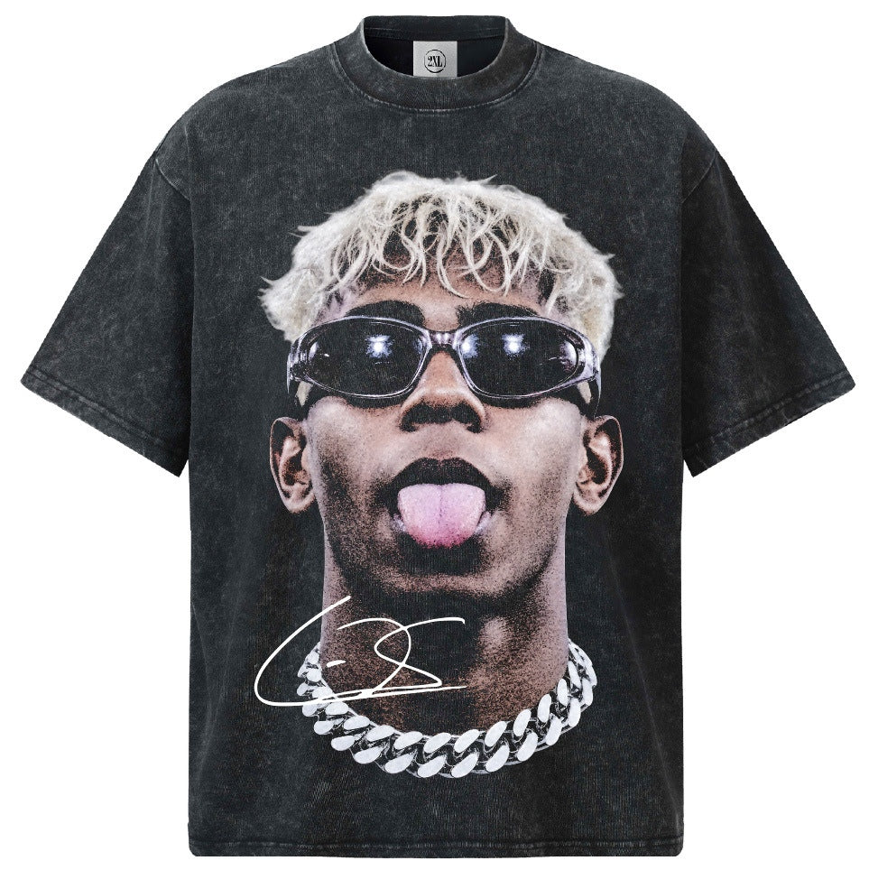 2026 New Yamal Portrait Print Washed, Distressed Streetwear Retro T-Shirt