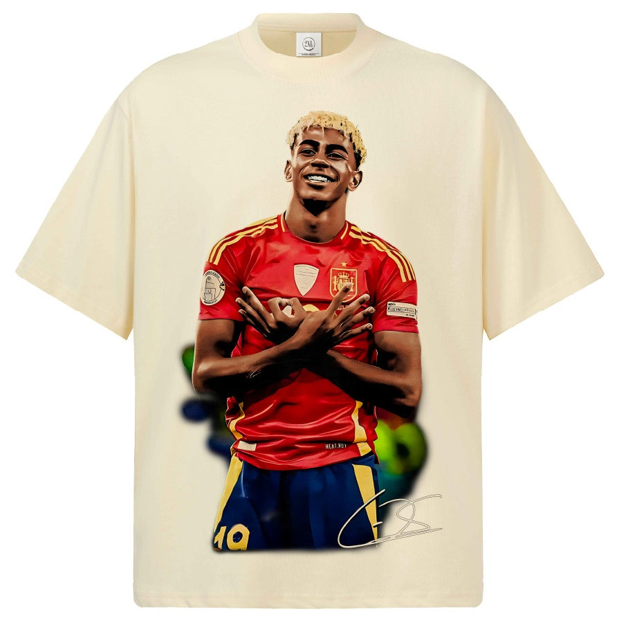 2026 New Yamal Printed Distressed Vintage-Style Small-Collar 100% Cotton T-Shirt