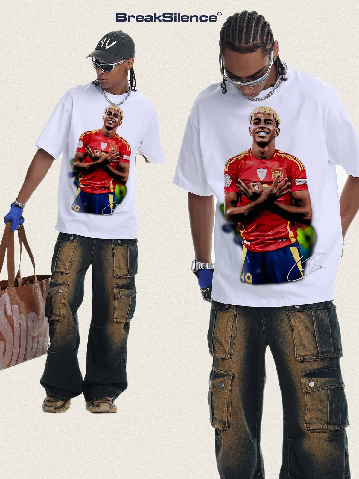 2026 New Yamal Printed Distressed Vintage-Style Small-Collar 100% Cotton T-Shirt